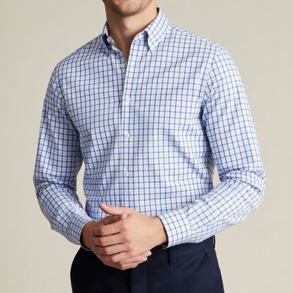 NWT CHARLES TYRWHITT Non-Iron Pinpoint Oxford Check – Mid Blue – Size 16.5/34